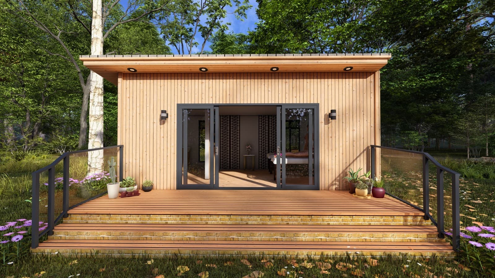 Two people in an outdoor sauna lodge