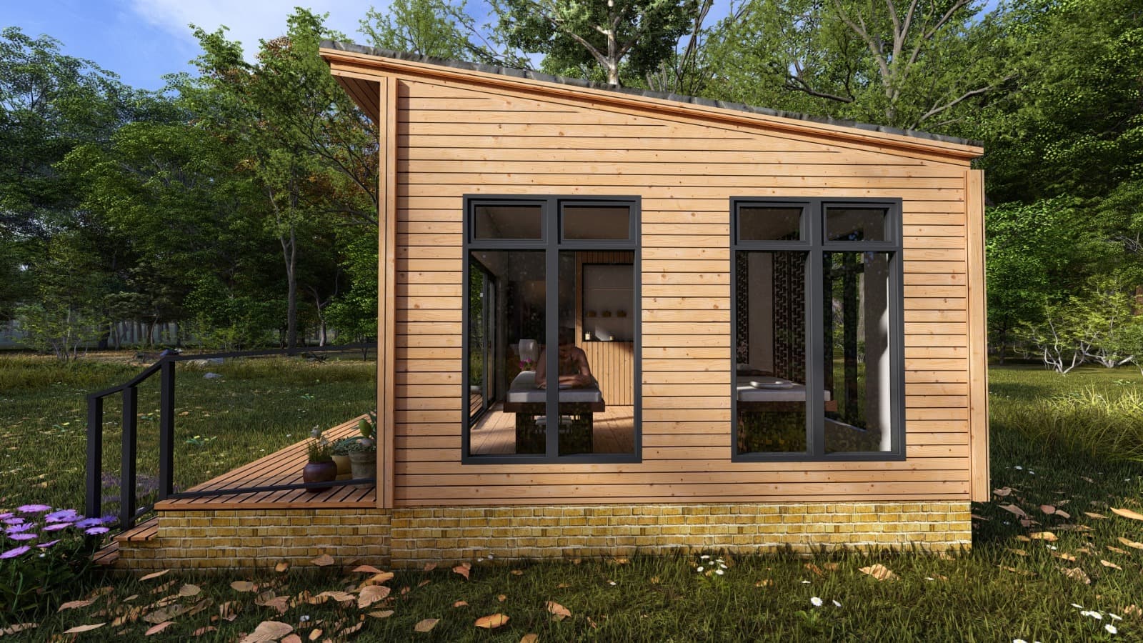 Two people in an outdoor sauna lodge