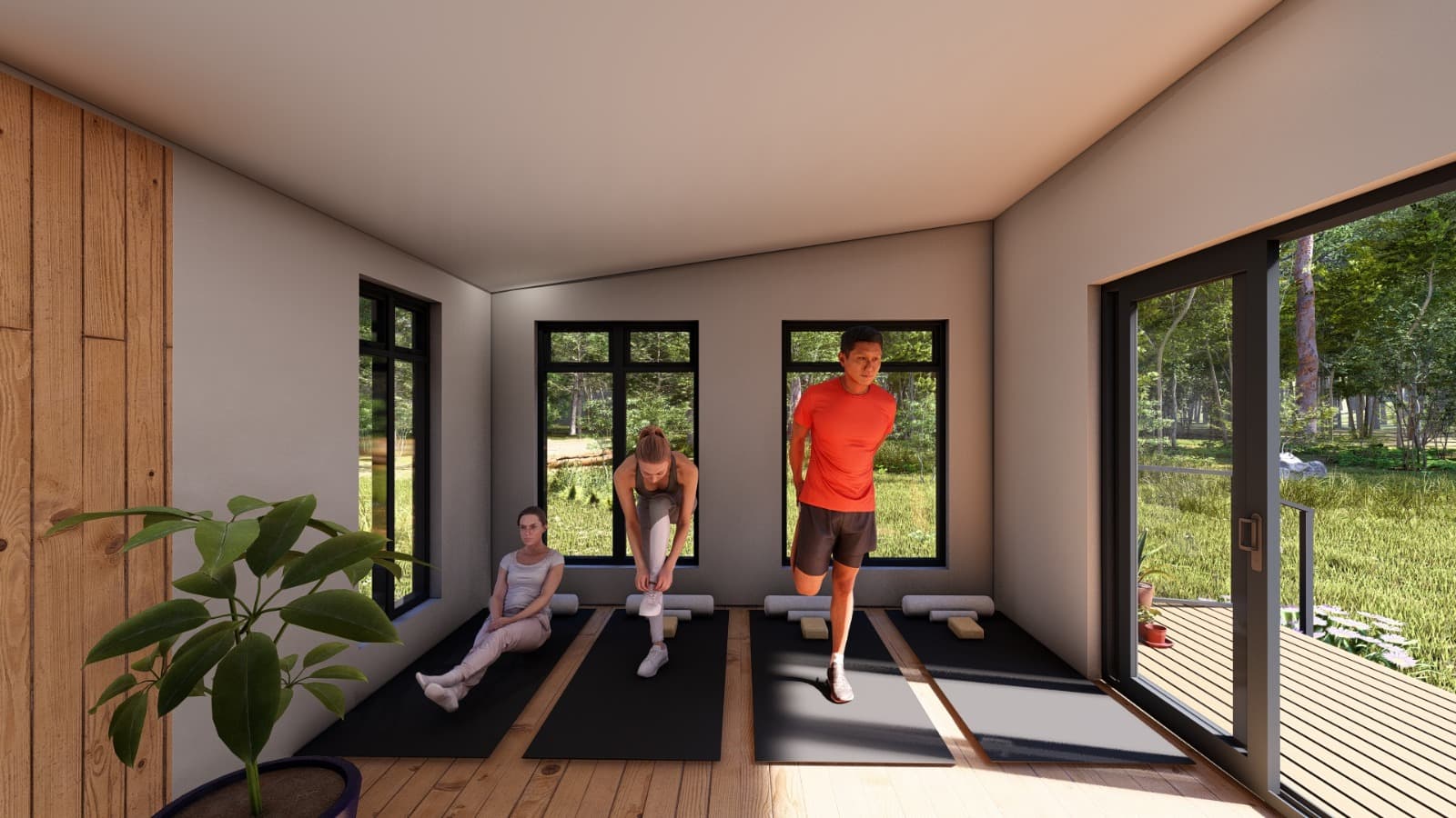 Three people stretching in a yoga studio