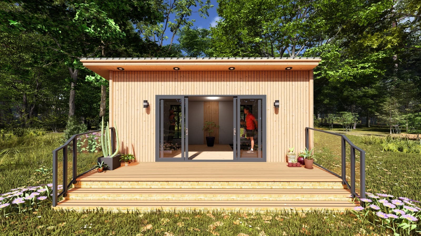 Three people stretching in a yoga studio