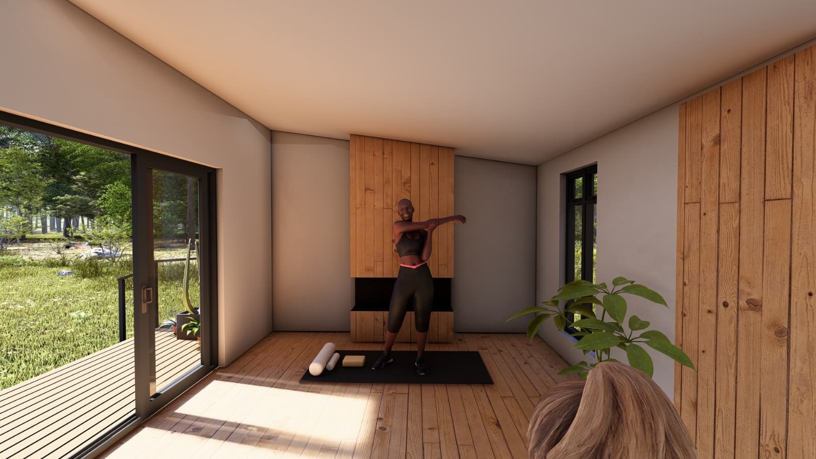 Three people stretching in a yoga studio